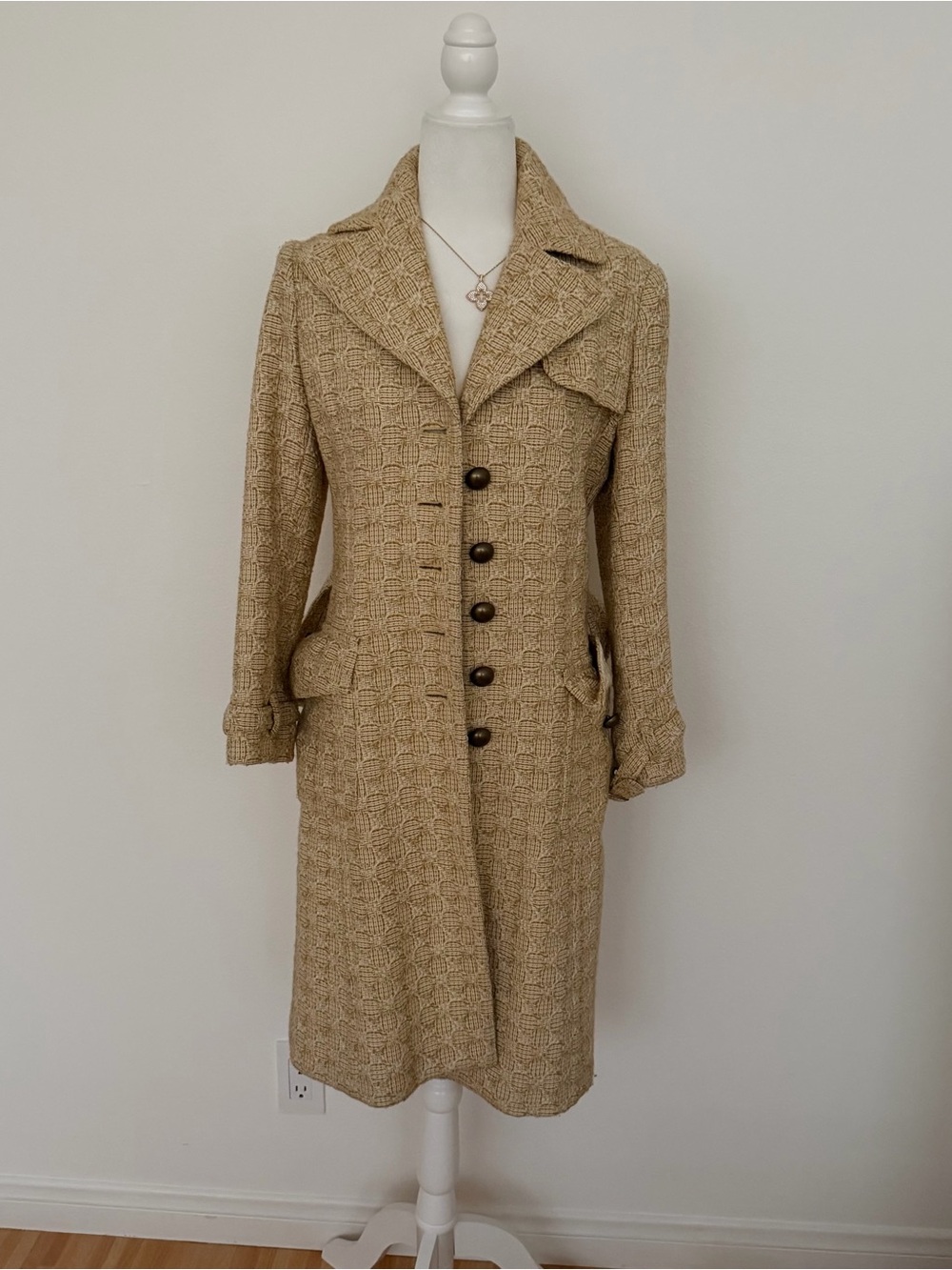 Banana Republic Yellow Beige Textured Tweed Wool Blend Trench Coat Size Small